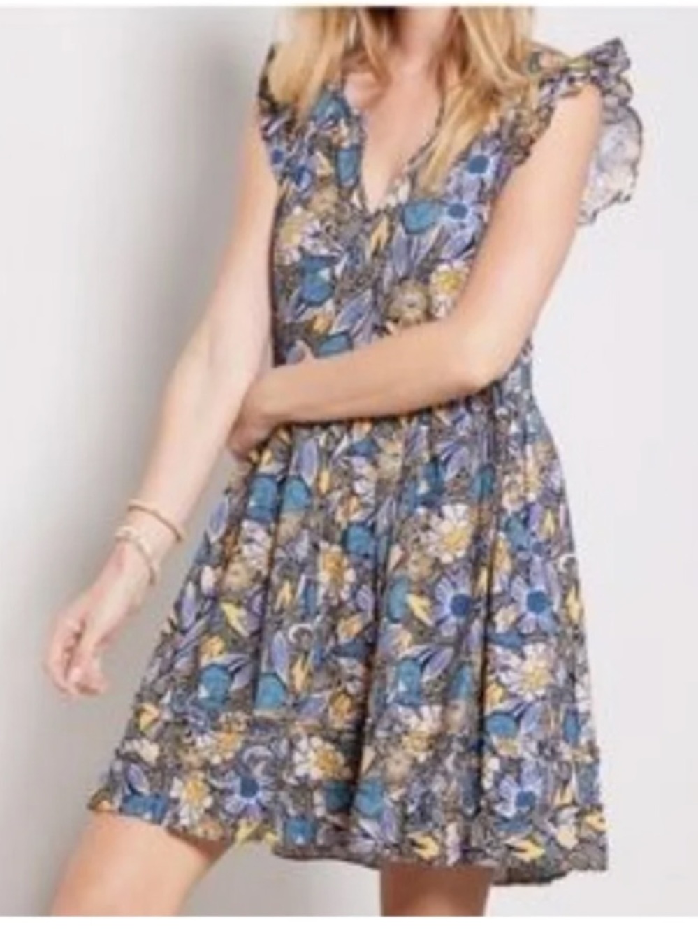 Evereve Floral Mini Dress Blue Yellow Ruffle Sleeves V Neck Size XL